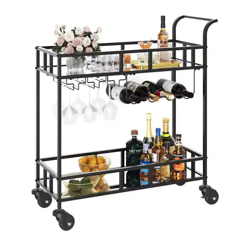Carrito de Bar con Espejo de 2 Niveles con Botellero y Portavasos, Carrito de Servicio con Ruedas
