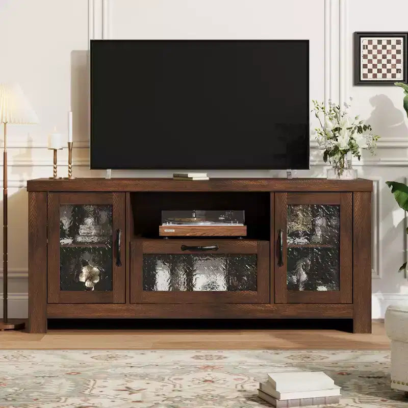 Mueble de TV de granja de 55" con puertas acrílicas onduladas, centro de entretenimiento para televisores de 55", estantes ajustables, capacidad de 300 lb