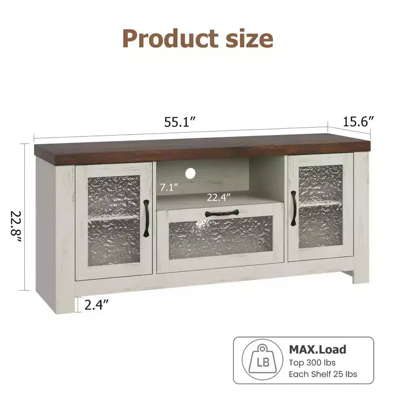 Mueble de TV de granja de 55" con puertas acrílicas onduladas, centro de entretenimiento para televisores de 55", estantes ajustables, capacidad de 300 lb