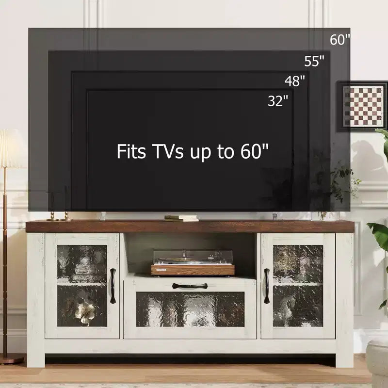 Mueble de TV de granja de 55" con puertas acrílicas onduladas, centro de entretenimiento para televisores de 55", estantes ajustables, capacidad de 300 lb