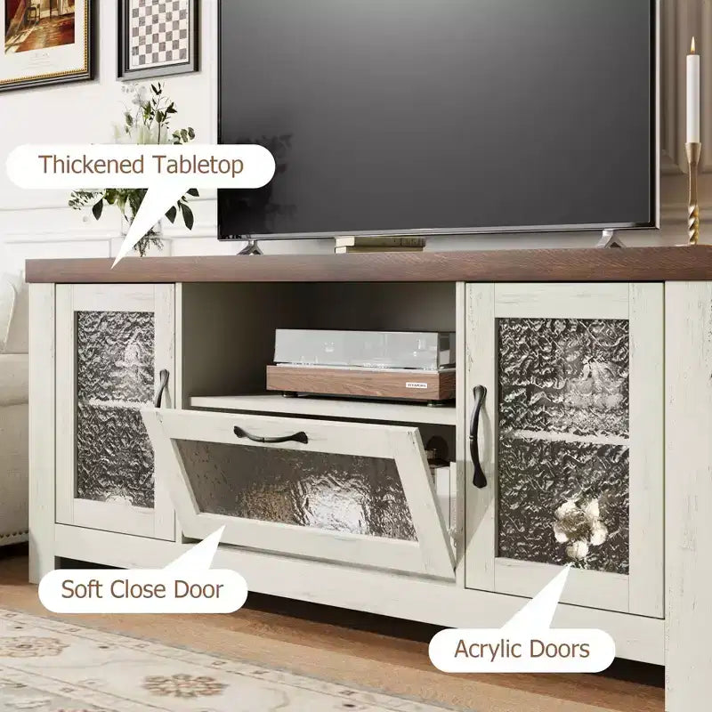 Mueble de TV de granja de 55" con puertas acrílicas onduladas, centro de entretenimiento para televisores de 55", estantes ajustables, capacidad de 300 lb