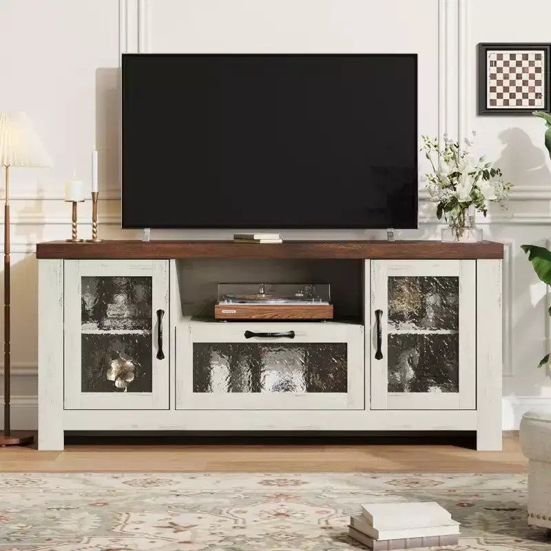 Mueble de TV de granja de 55" con puertas acrílicas onduladas, centro de entretenimiento para televisores de 55", estantes ajustables, capacidad de 300 lb