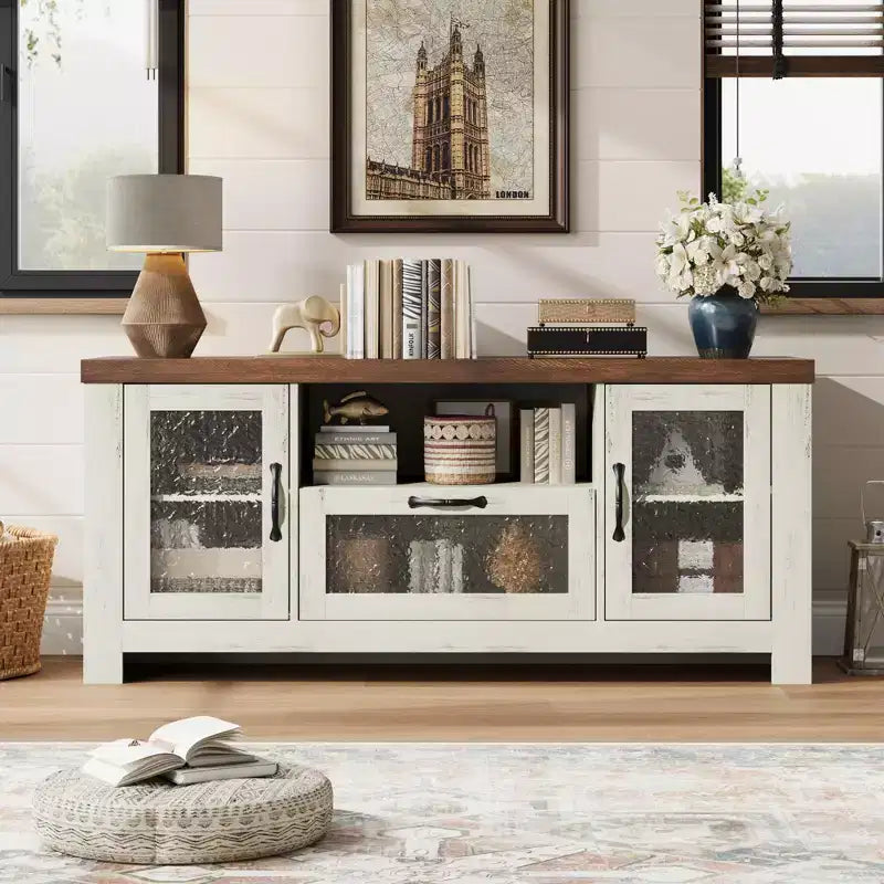 Mueble de TV de granja de 55" con puertas acrílicas onduladas, centro de entretenimiento para televisores de 55", estantes ajustables, capacidad de 300 lb