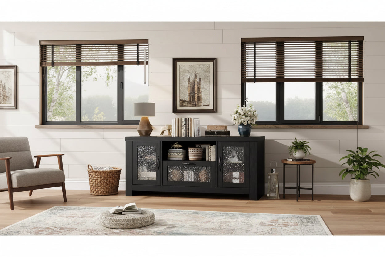 55 Farmhouse TV Stand with Water Ripple Acrylic Doors  Entertainment Center for 55 TVs, Adjustable Shelves, 300 lbs Capacity