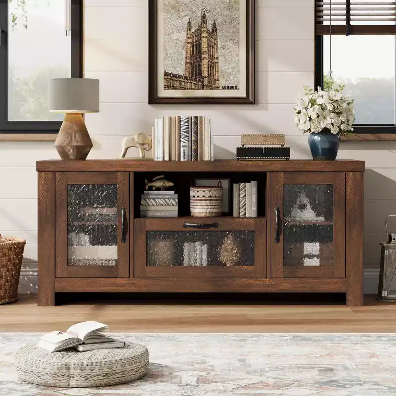 Mueble de TV de granja de 55" con puertas acrílicas onduladas, centro de entretenimiento para televisores de 55", estantes ajustables, capacidad de 300 lb
