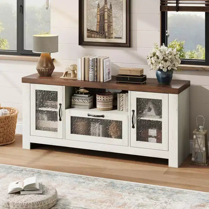 Mueble de TV de granja de 55" con puertas acrílicas onduladas, centro de entretenimiento para televisores de 55", estantes ajustables, capacidad de 300 lb