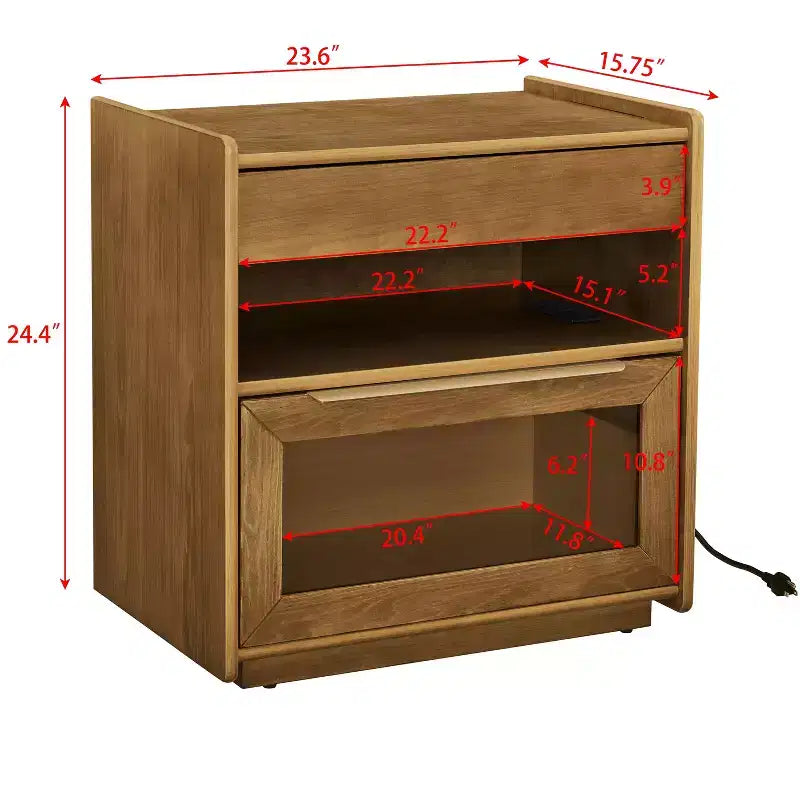 Mesita de noche moderna de mediados de siglo con estación de carga, gabinete de 2 cajones y puerta, diseño acanalado, con cerradura (W1801P303392)