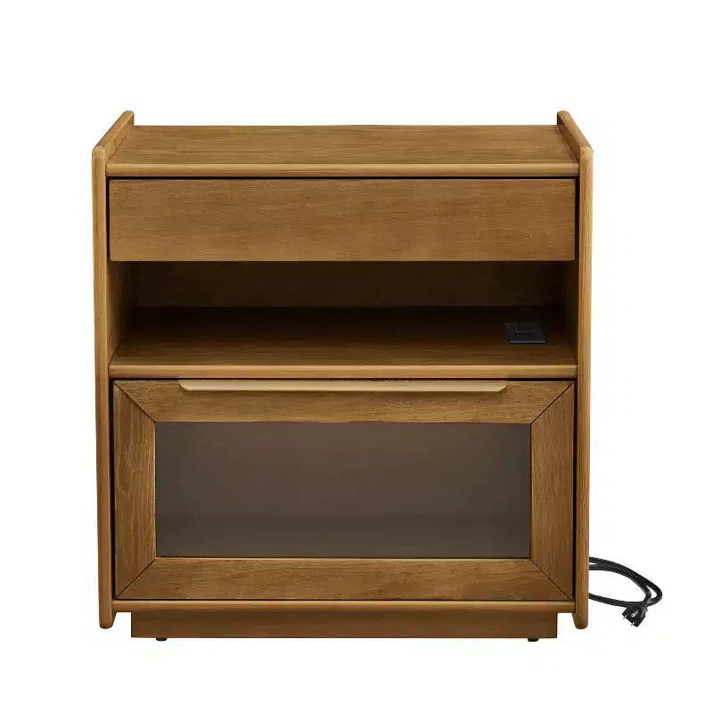 Mesita de noche moderna de mediados de siglo con estación de carga, gabinete de 2 cajones y puerta, diseño acanalado, con cerradura (W1801P303392)