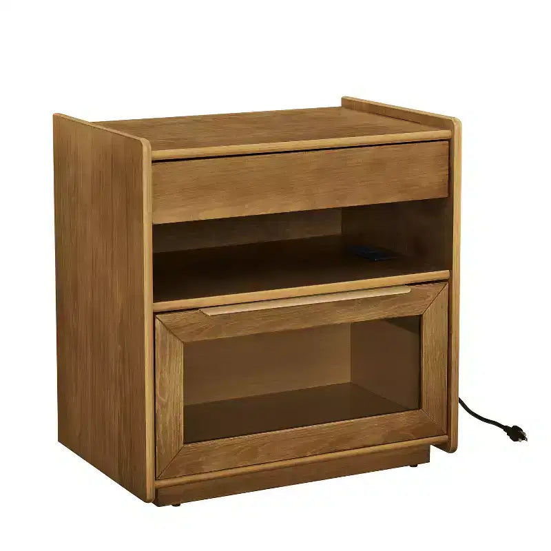 Mesita de noche moderna de mediados de siglo con estación de carga, gabinete de 2 cajones y puerta, diseño acanalado, con cerradura (W1801P303392)