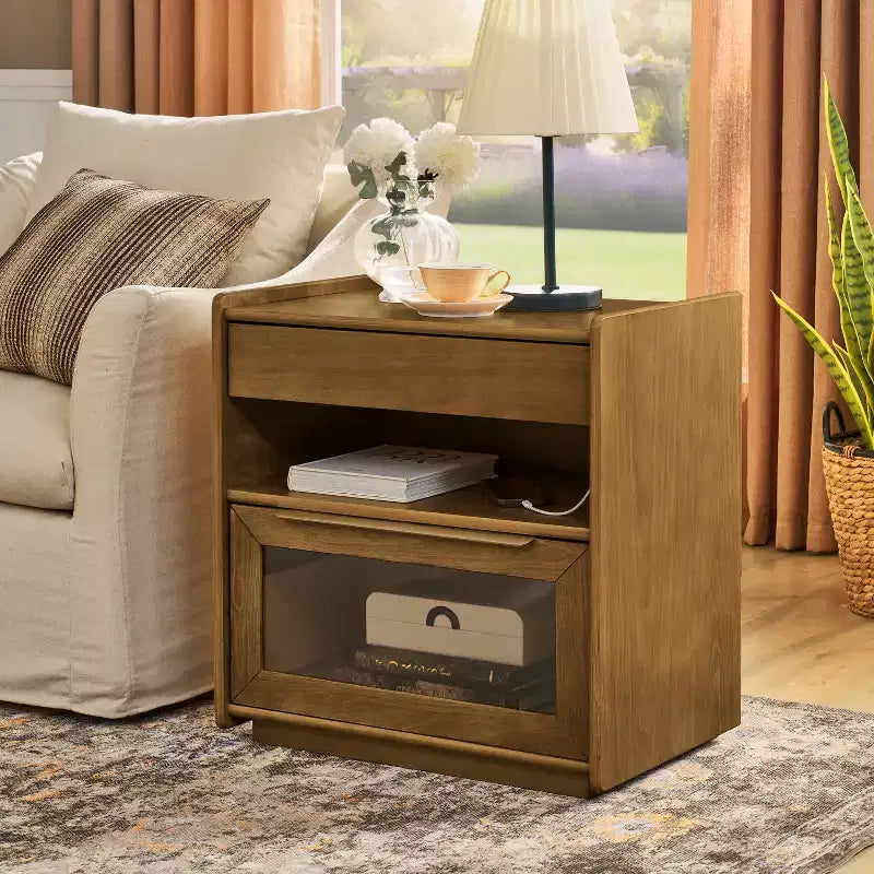 Mesita de noche moderna de mediados de siglo con estación de carga, gabinete de 2 cajones y puerta, diseño acanalado, con cerradura (W1801P303392)