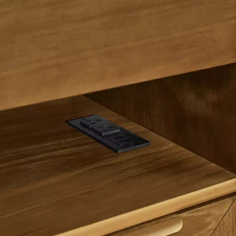 Mesita de noche moderna de mediados de siglo con estación de carga, gabinete de 2 cajones y puerta, diseño acanalado, con cerradura (W1801P303392)