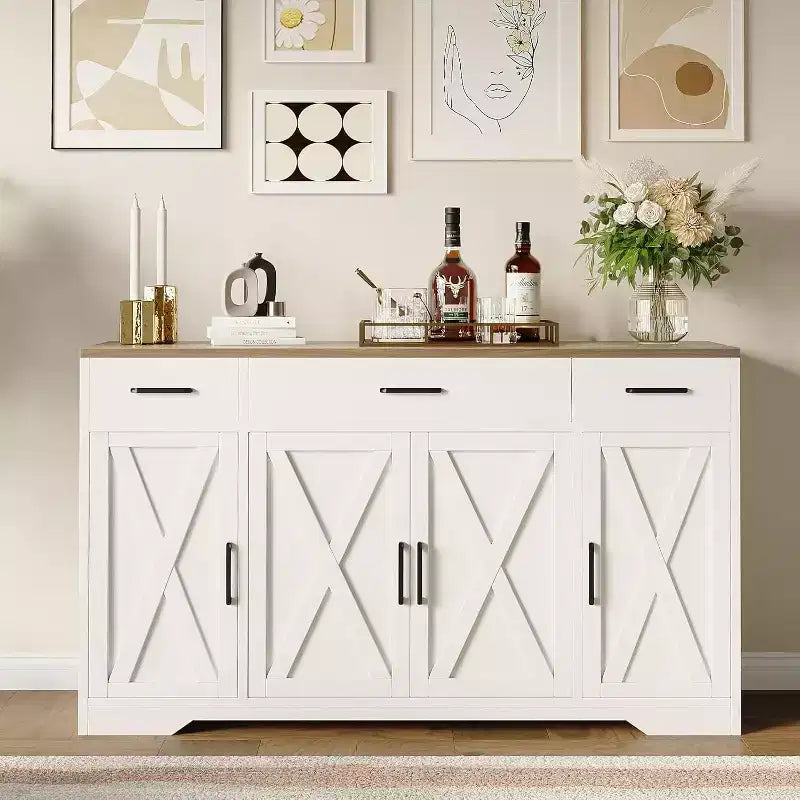 Aparador de granja con gabinete de almacenamiento, bufet de cocina grande de 55 pulgadas con 3 cajones, estación de café de madera para comedor y sala de estar