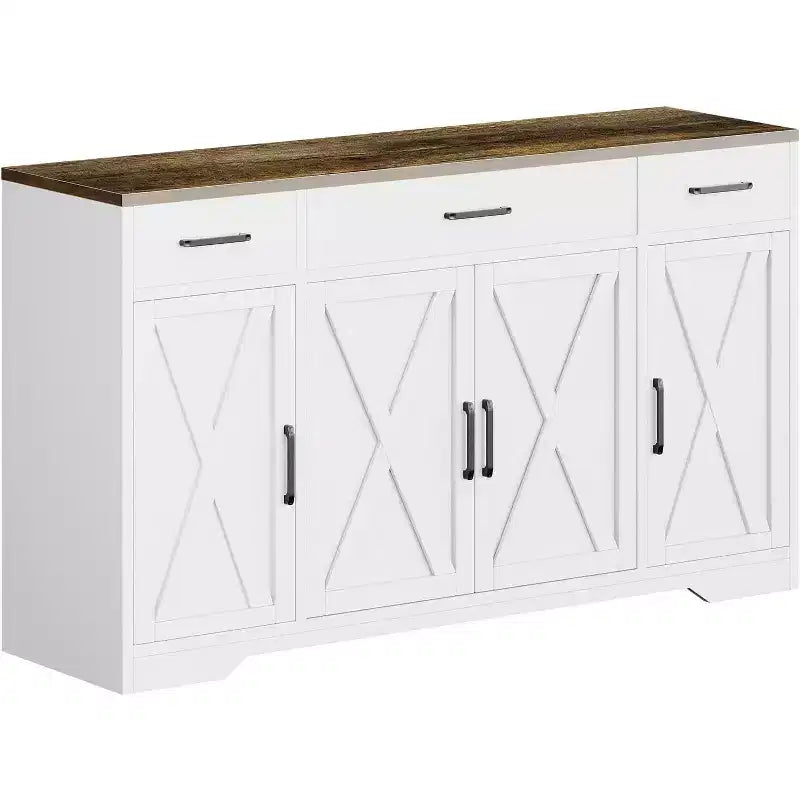 Aparador de granja con gabinete de almacenamiento, bufet de cocina grande de 55 pulgadas con 3 cajones, estación de café de madera para comedor y sala de estar