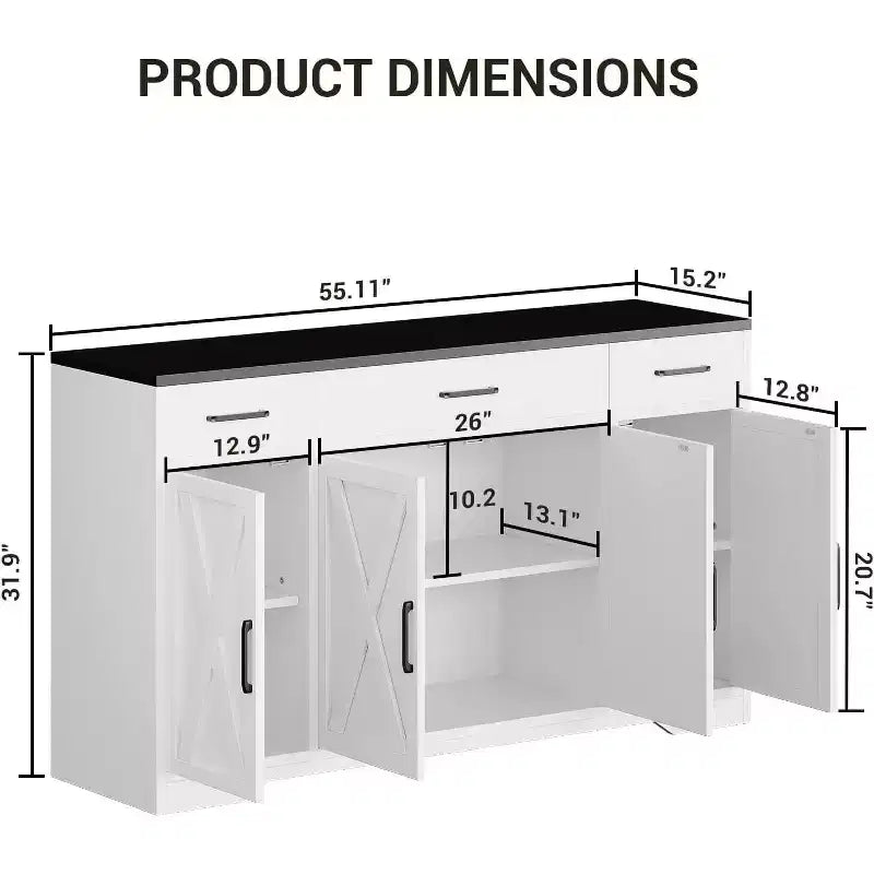 Aparador de granja con gabinete de almacenamiento, bufet de cocina grande de 55 pulgadas con 3 cajones, estación de café de madera para comedor y sala de estar