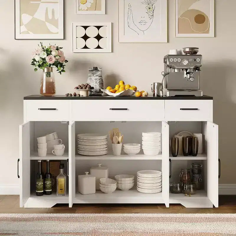 Aparador de granja con gabinete de almacenamiento, bufet de cocina grande de 55 pulgadas con 3 cajones, estación de café de madera para comedor y sala de estar