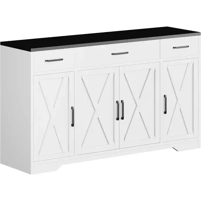 Aparador de granja con gabinete de almacenamiento, bufet de cocina grande de 55 pulgadas con 3 cajones, estación de café de madera para comedor y sala de estar