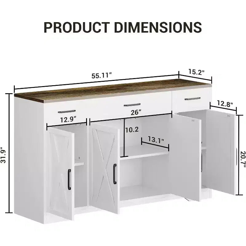 Aparador de granja con gabinete de almacenamiento, bufet de cocina grande de 55 pulgadas con 3 cajones, estación de café de madera para comedor y sala de estar