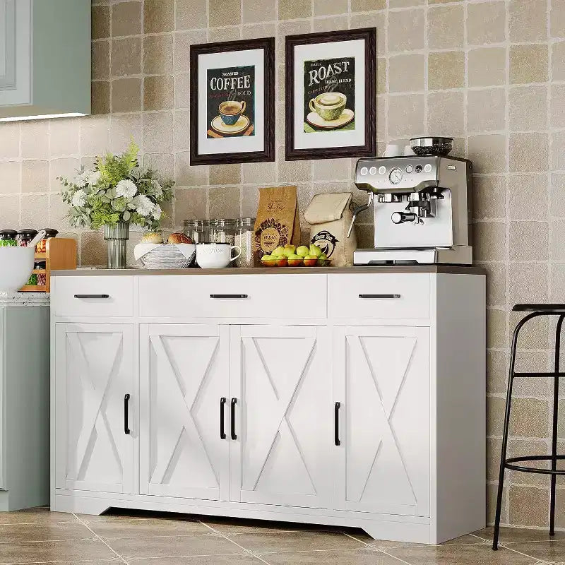 Aparador de granja con gabinete de almacenamiento, bufet de cocina grande de 55 pulgadas con 3 cajones, estación de café de madera para comedor y sala de estar