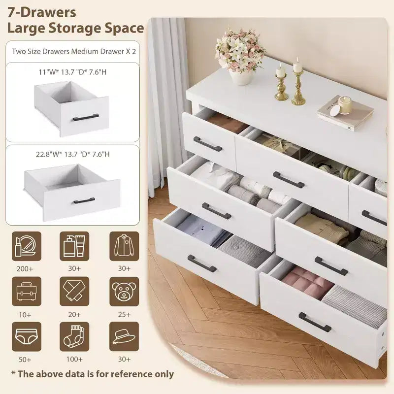 Cómoda de 7 cajones para dormitorio - Organizador de madera moderno con tiradores metálicos para sala de estar, armario, entrada