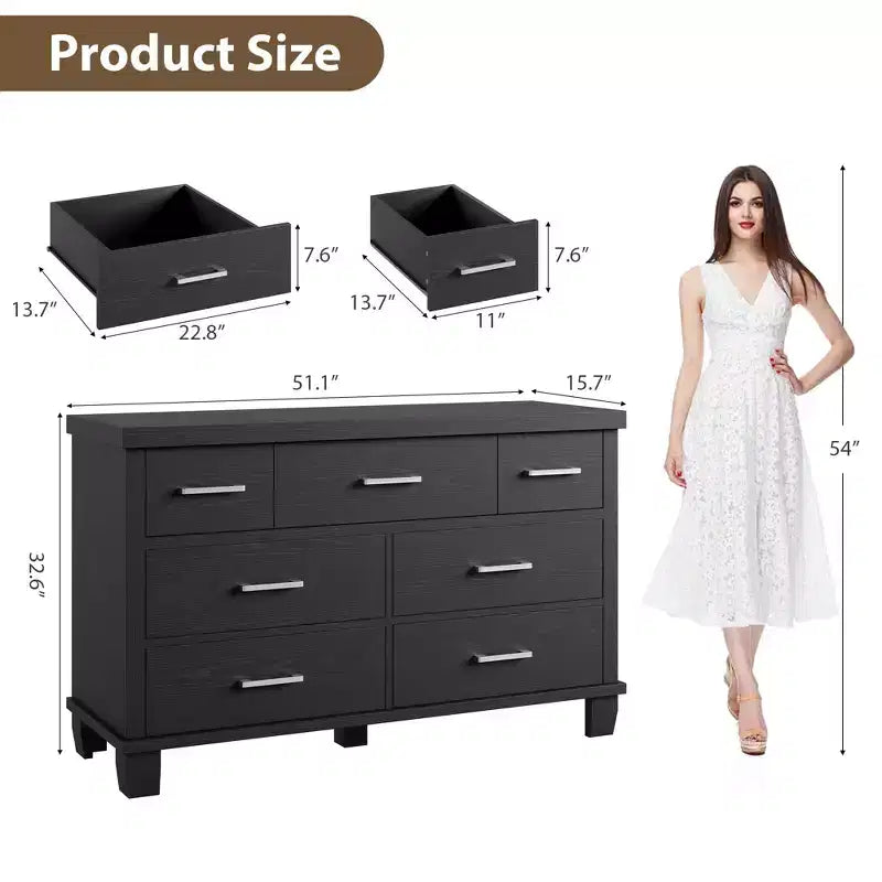 Cómoda de 7 cajones para dormitorio - Organizador de madera moderno con tiradores metálicos para sala de estar, armario, entrada