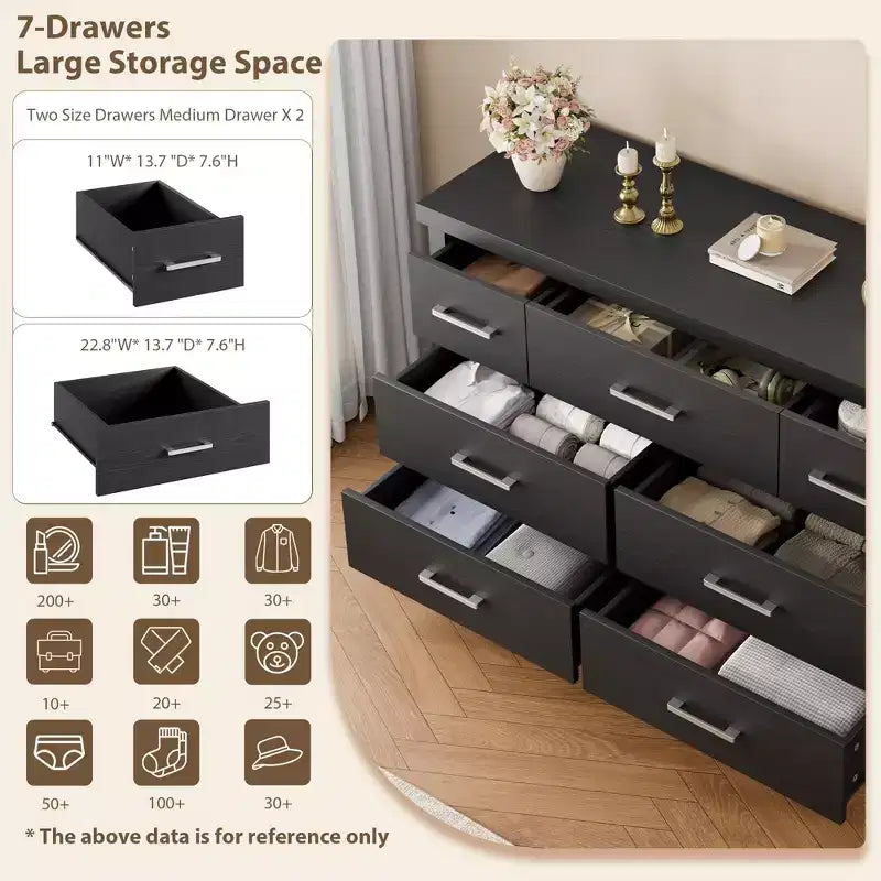 Cómoda de 7 cajones para dormitorio - Organizador de madera moderno con tiradores metálicos para sala de estar, armario, entrada