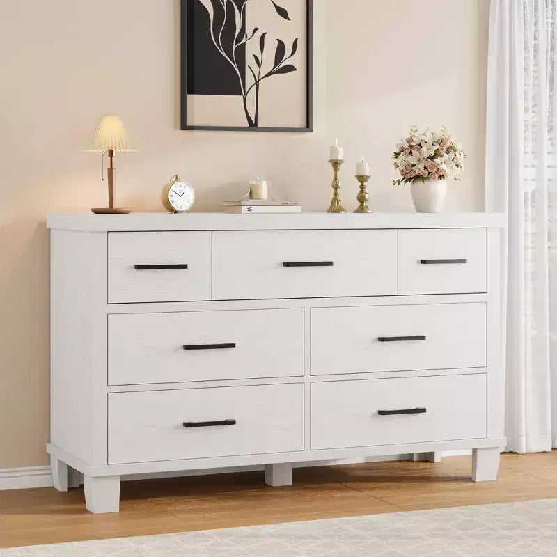 Cómoda de 7 cajones para dormitorio - Organizador de madera moderno con tiradores metálicos para sala de estar, armario, entrada