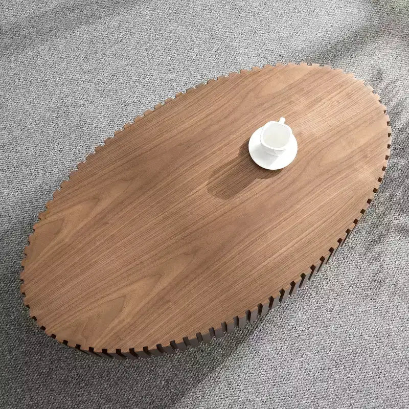 Mesa de centro ovalada moderna hecha a mano con forma de tambor, elipse de 43,7" con pedestal resistente, Nogal