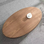 Mesa de centro ovalada moderna hecha a mano con forma de tambor, elipse de 43,7" con pedestal resistente, Nogal