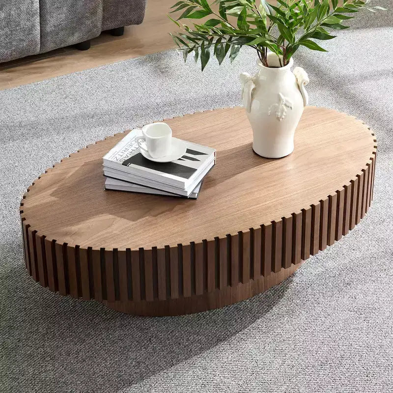 Mesa de centro ovalada moderna hecha a mano con forma de tambor, elipse de 43,7" con pedestal resistente, Nogal