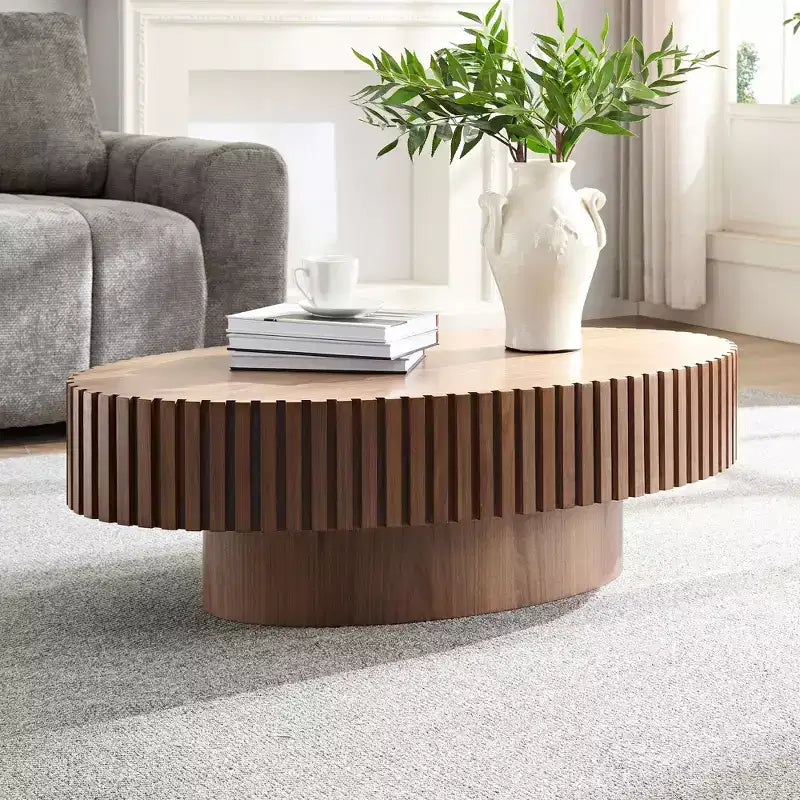 Mesa de centro ovalada moderna hecha a mano con forma de tambor, elipse de 43,7" con pedestal resistente, Nogal