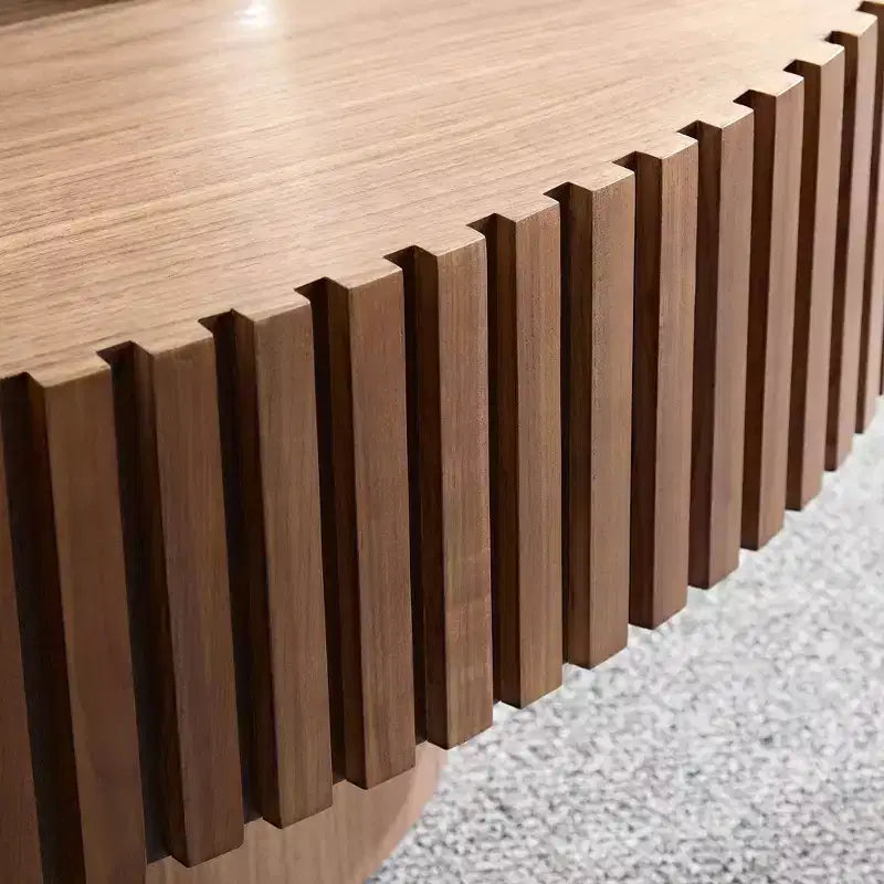 Mesa de centro ovalada moderna hecha a mano con forma de tambor, elipse de 43,7" con pedestal resistente, Nogal