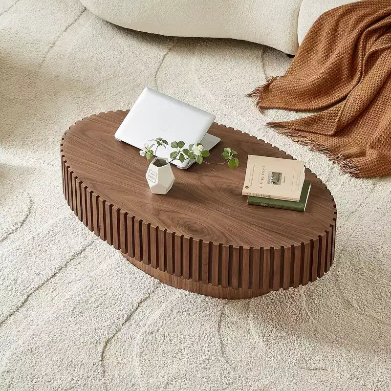 Mesa de centro ovalada moderna hecha a mano con forma de tambor, elipse de 43,7" con pedestal resistente, Nogal