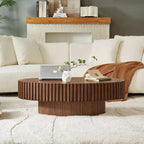 Mesa de centro ovalada moderna hecha a mano con forma de tambor, elipse de 43,7" con pedestal resistente, Nogal