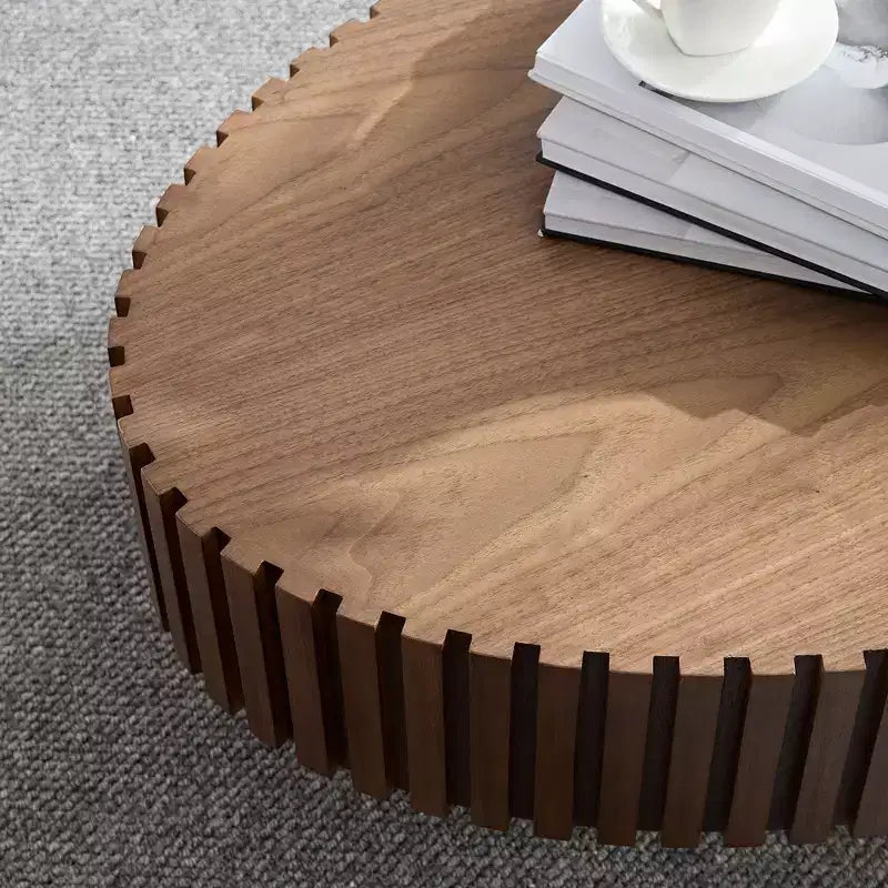 Mesa de centro ovalada moderna hecha a mano con forma de tambor, elipse de 43,7" con pedestal resistente, Nogal