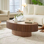 Mesa de centro ovalada moderna hecha a mano con forma de tambor, elipse de 43,7" con pedestal resistente, Nogal