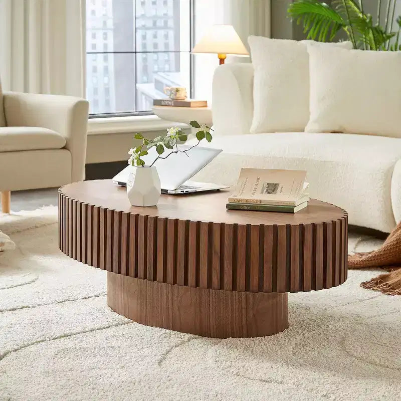 Mesa de centro ovalada moderna hecha a mano con forma de tambor, elipse de 43,7" con pedestal resistente, Nogal