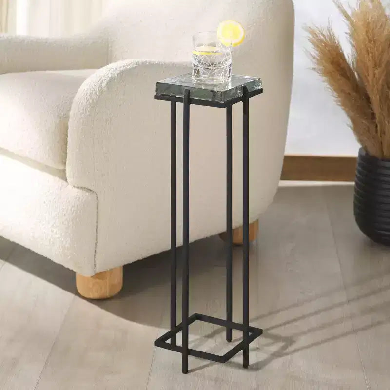 Mesa auxiliar de vidrio fundido, mesa auxiliar decorativa negra y transparente