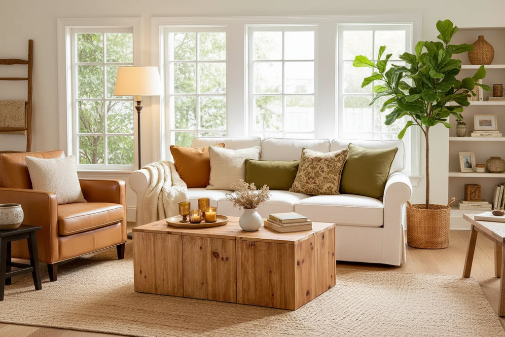 Lantine 47-Inch Rectangle Solid Wood Coffee Table, Farmhouse Center Table with Natural Wood Grain for Living Room, Retro Style