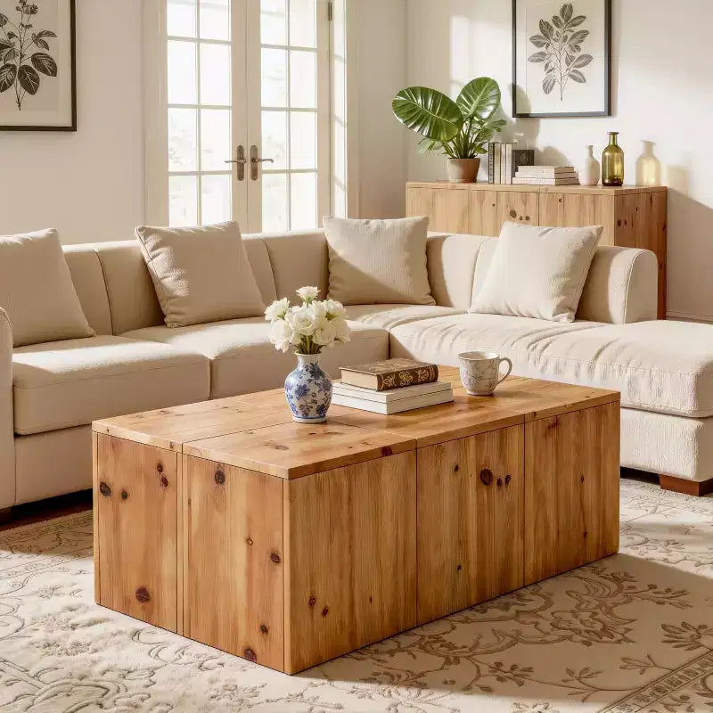 Mesa de centro rectangular de madera maciza estilo rústico de 47", grano de madera natural, estilo retro