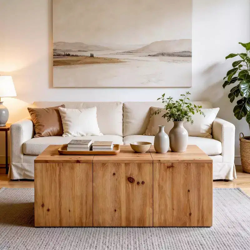 Mesa de centro rectangular de madera maciza estilo rústico de 47", grano de madera natural, estilo retro
