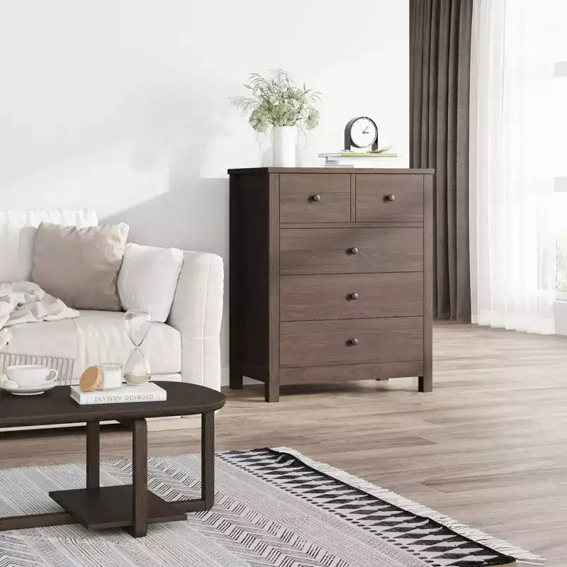 Cómoda de madera de 5 cajones con cajones de almacenamiento profundo, armario resistente con tiradores redondos para dormitorio, sala de estar, oficina