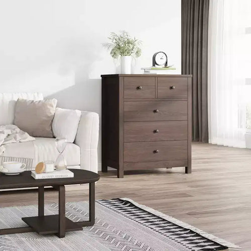 Cómoda de madera de 5 cajones con cajones de almacenamiento profundo, armario resistente con tiradores redondos para dormitorio, sala de estar, oficina