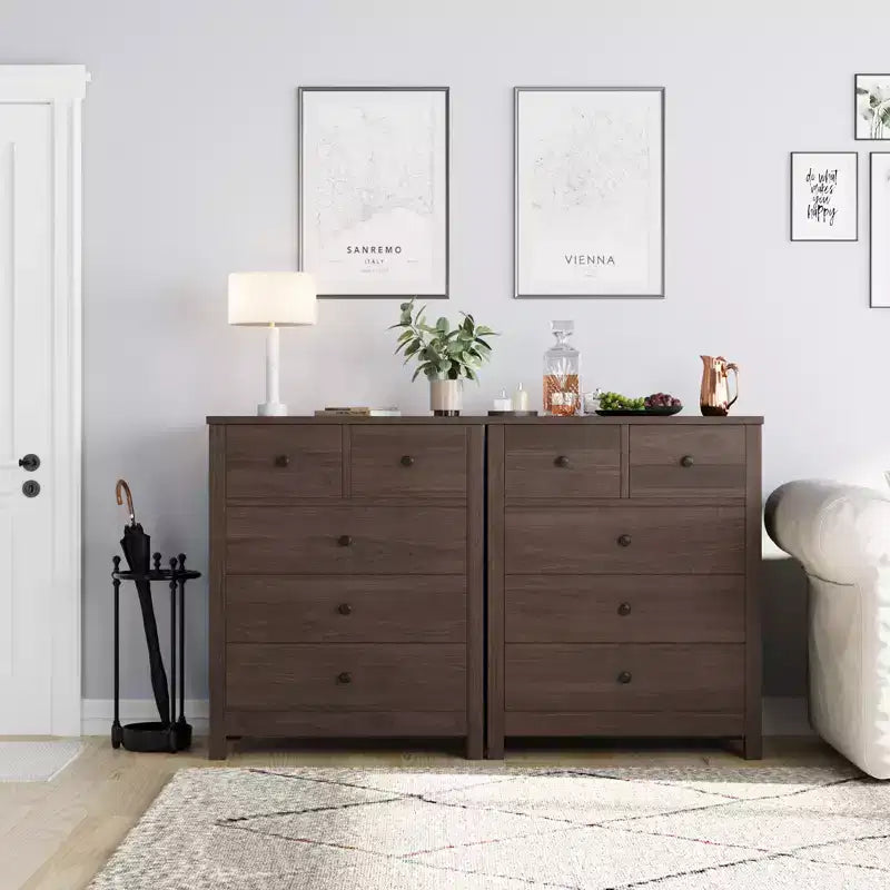 Cómoda de madera de 5 cajones con cajones de almacenamiento profundo, armario resistente con tiradores redondos para dormitorio, sala de estar, oficina