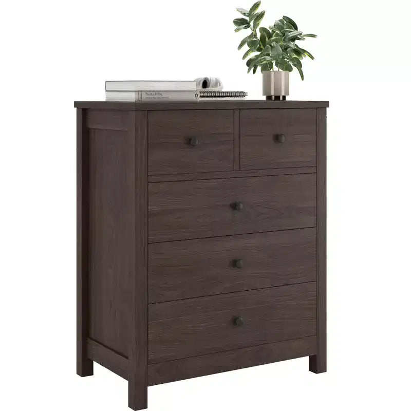 Cómoda de madera de 5 cajones con cajones de almacenamiento profundo, armario resistente con tiradores redondos para dormitorio, sala de estar, oficina