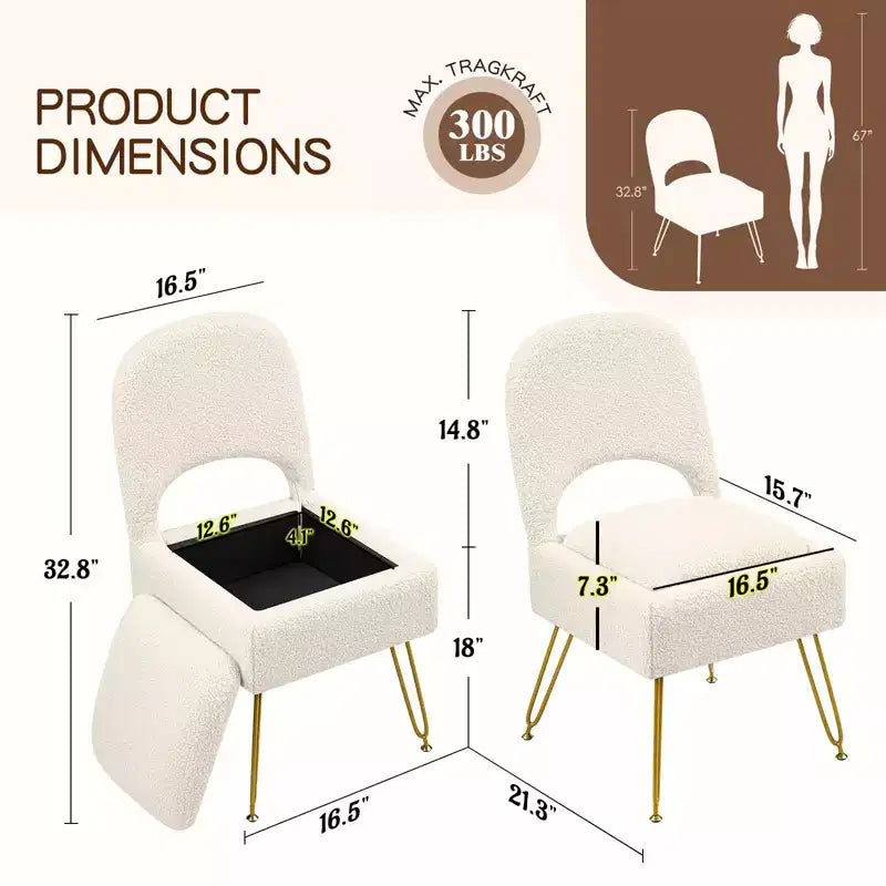 Silla de tocador con almacenamiento y respaldo plegable, taburete de maquillaje