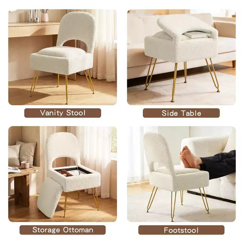 Silla de tocador con almacenamiento y respaldo plegable, taburete de maquillaje
