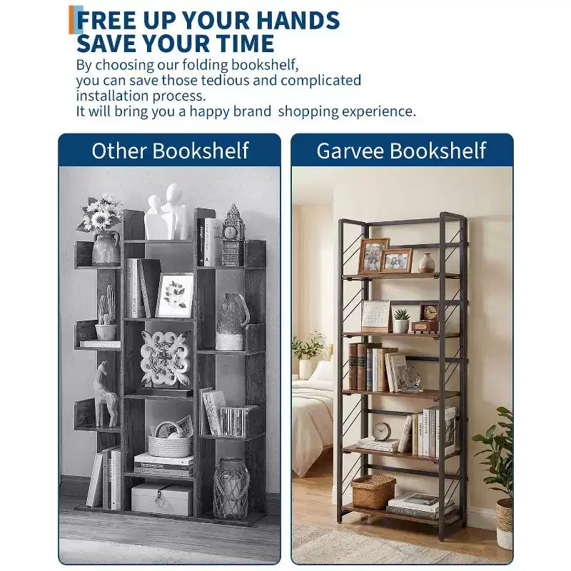 Estantería de esquina de 6 niveles, librería rústica alta de 180 cm para sala de estar, dormitorio y oficina