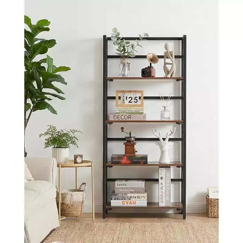 Estantería de esquina de 6 niveles, librería rústica alta de 180 cm para sala de estar, dormitorio y oficina