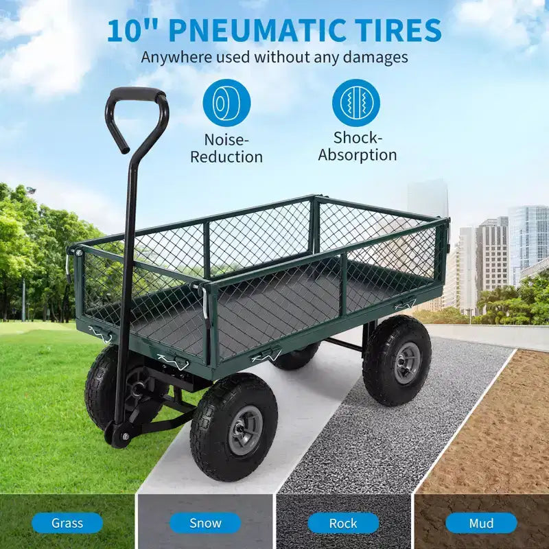 Carro de jardín de acero resistente, 226 kg, carro utilitario plegable con laterales de malla y revestimiento extraíbles, neumáticos de 10 pulgadas, asa de arrastre