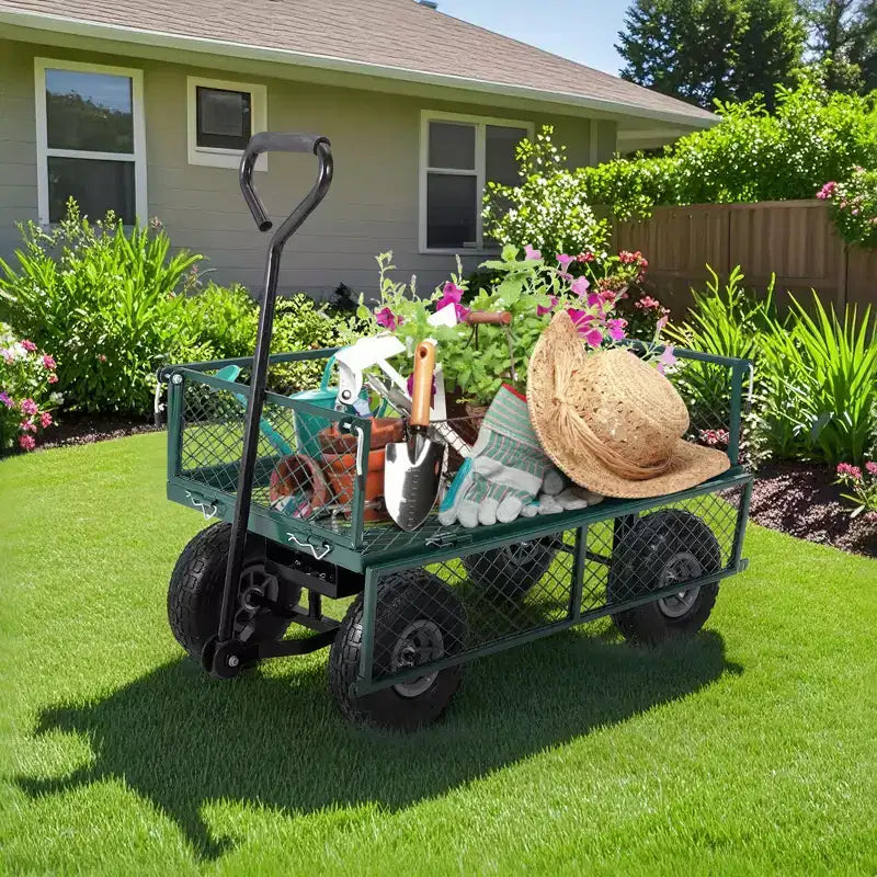 Carro de jardín de acero resistente, 226 kg, carro utilitario plegable con laterales de malla y revestimiento extraíbles, neumáticos de 10 pulgadas, asa de arrastre